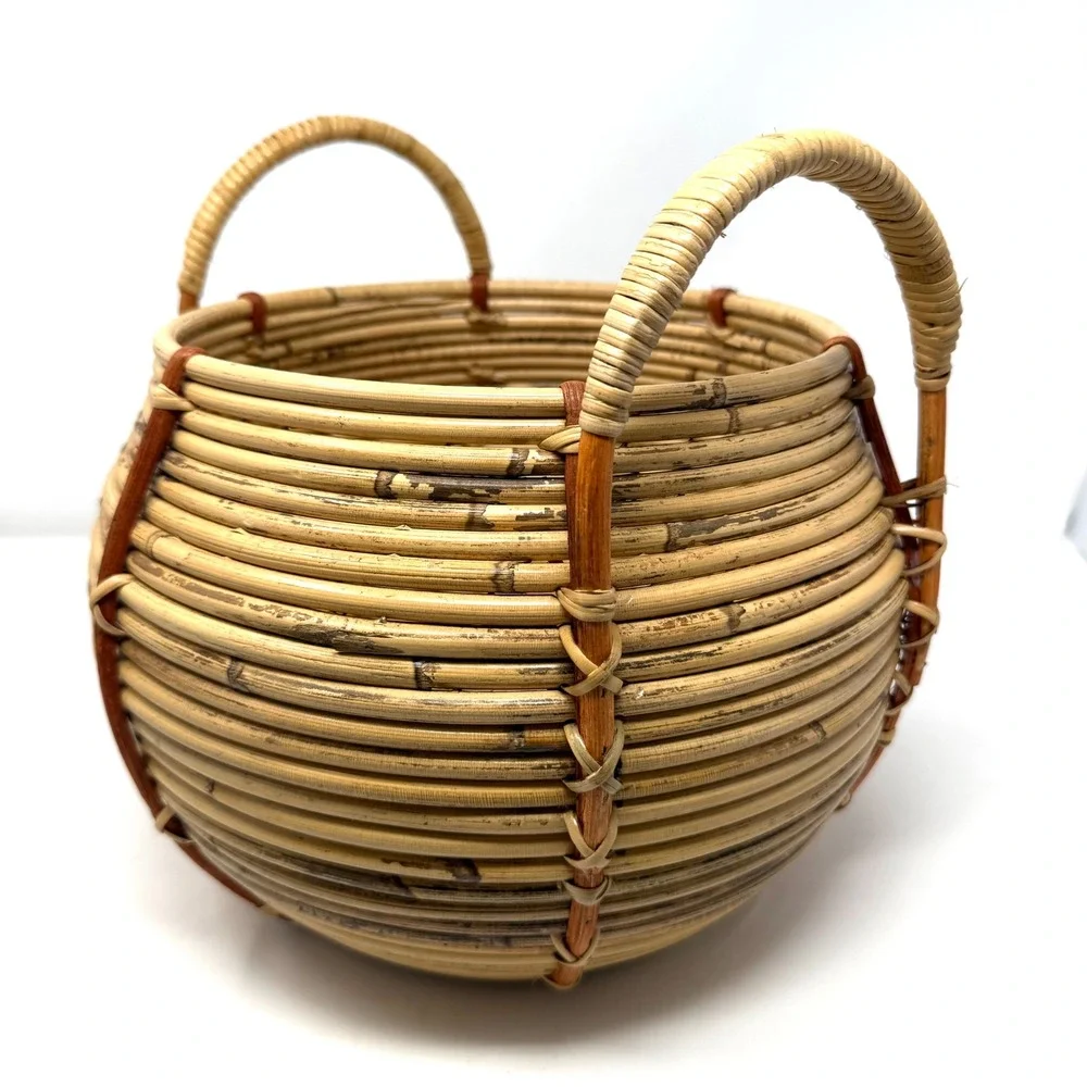Handwoven Coiled Rattan Basket Round Bulbous‎ Boho Storage with Handles